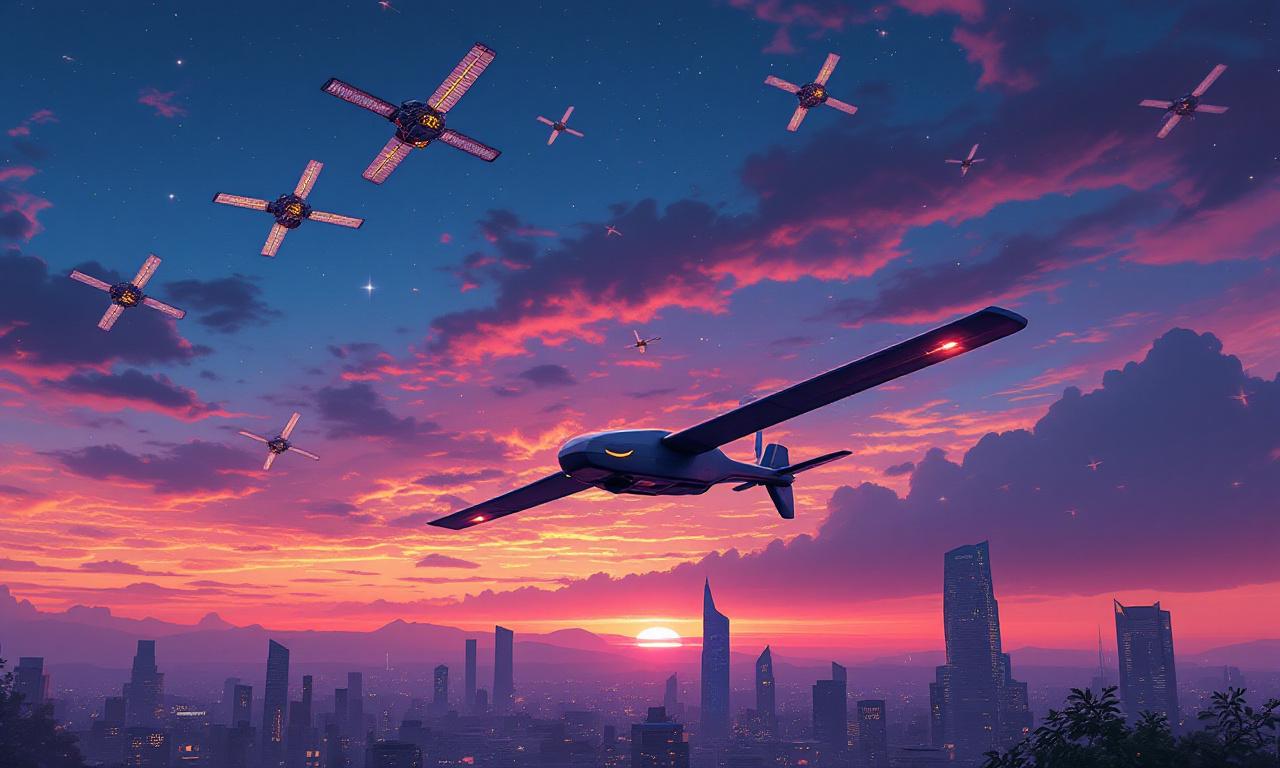 Сюрреалистический пейзаж с спутниками Starlink и дронными доставками Amazon в ночном небе.